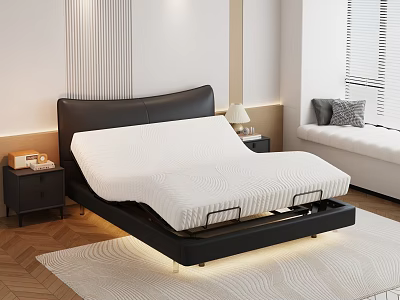 Modern Double Bed With Black Leather Headboard White Mattress And Nightstand Lamp 3d model