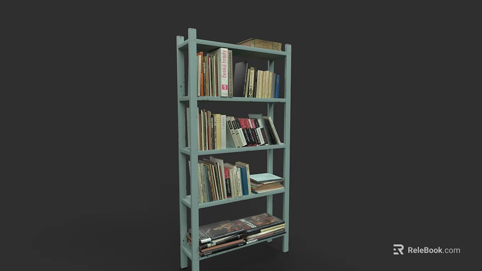 Light Green Multi Tiered Bookshelf Filled With Various Books And Decor 3d model 