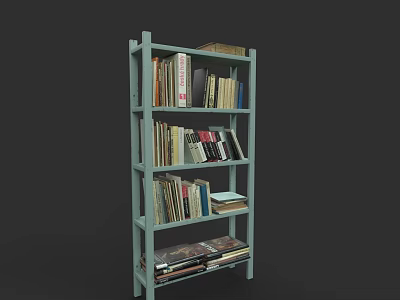 Light Green Multi Tiered Bookshelf Filled With Various Books And Decor 3d model