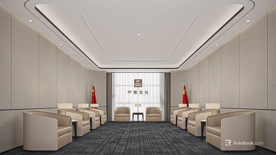 Hotel Public Lounge Area With Red Flags Beige Sofas And Elegant Carpet Design 3d model