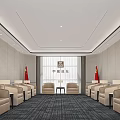 Hotel Public Lounge Area With Red Flags Beige Sofas And Elegant Carpet Design 3d model