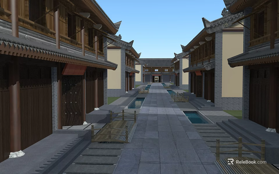 Ancient Chinese Architecture Street With Stone Paved Path And Wooden Structures 3d model 