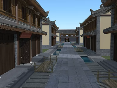 Ancient Chinese Architecture Street With Stone Paved Path And Wooden Structures 3d model