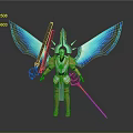 Golden Armored Character With Blue Glowing Wings Holding Long Sword And Spear