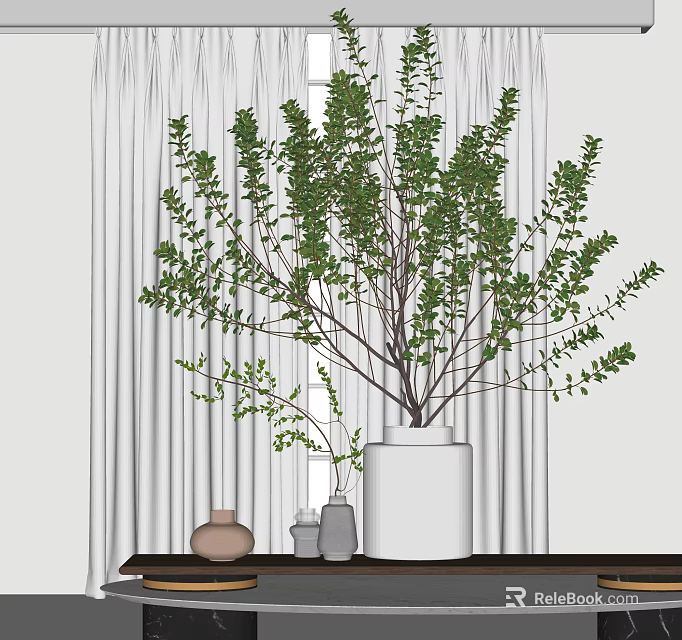 Green Leafy Bonsai Plant In White Vase On Dark Shelf With White Curtain Background 3d model 