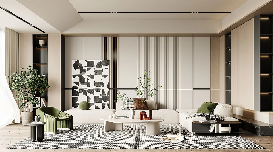 Modern Living Room Interior With Abstract Artwork Sofa Coffee Table And Area Rug 3d model 