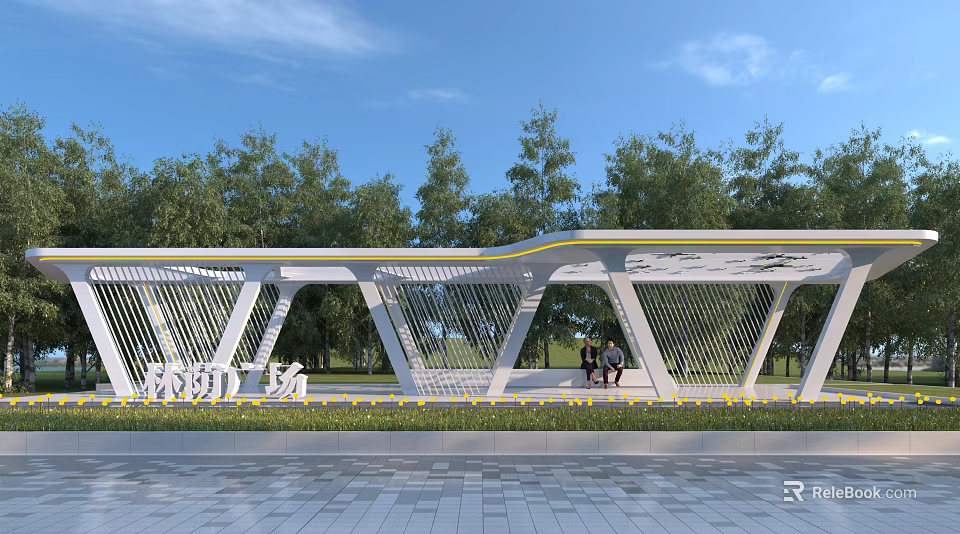 Modern White Pergola With Yellow Accents In Plaza Surrounded By Green Trees Under Blue Sky 3d model 