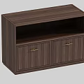 Wooden Tea Cabinet With Walnut Finish Two Doors Golden Handles And Open Shelf