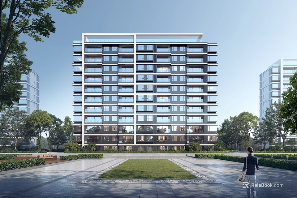 Modern High-rise Residential Building With Glass Windows Balconies Surrounded By Greenery And Landscaped Garden 3d model 