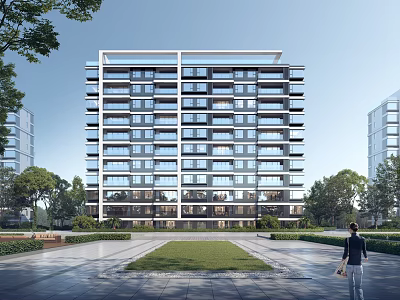 Modern High-rise Residential Building With Glass Windows Balconies Surrounded By Greenery And Landscaped Garden 3d model