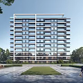 Modern High-rise Residential Building With Glass Windows Balconies Surrounded By Greenery And Landscaped Garden