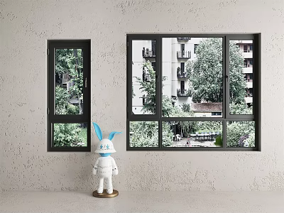 Two Black Frame Windows With Outside Trees Buildings And White Doll With Blue Rabbit Ears 3d model