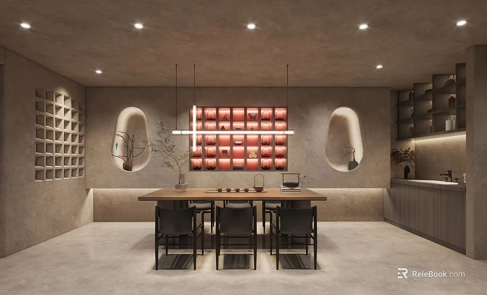 Modern Tea Room Interior With Wooden Tea Table And Hanging Lights And Decorative Wall 3d model 