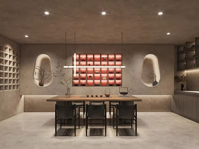 Modern Tea Room Interior With Wooden Tea Table And Hanging Lights And Decorative Wall 3d model