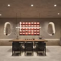 Modern Tea Room Interior With Wooden Tea Table And Hanging Lights And Decorative Wall