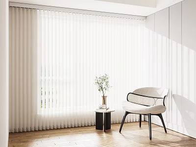 White Window Blinds in Bright Room Interior With White Chair Small Table and Wooden Floor 3d model