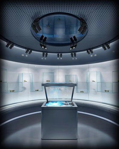 Modern Exhibition Hall With Circular Layout Ceiling Spotlights Glass Display Cases And Central Transparent Showcase 3d model