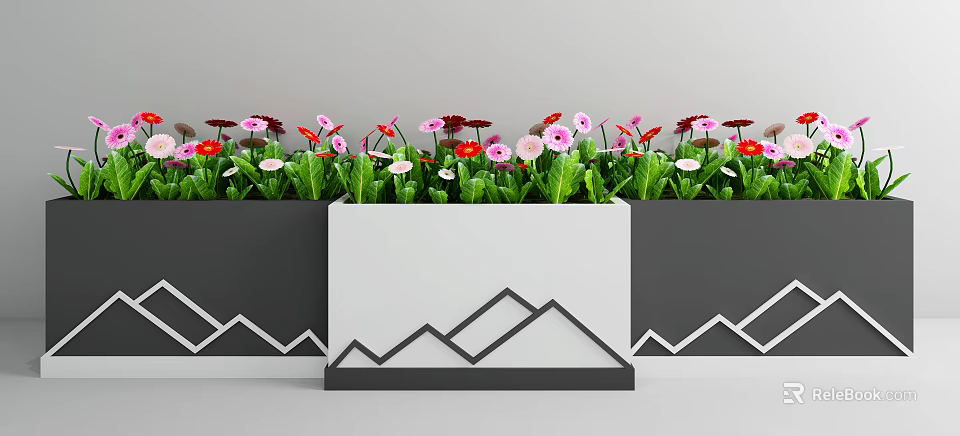 Colorful Potted Plants in Rectangular White Dark Gray Pots With Mountain Pattern and Green Leaves 3d model 