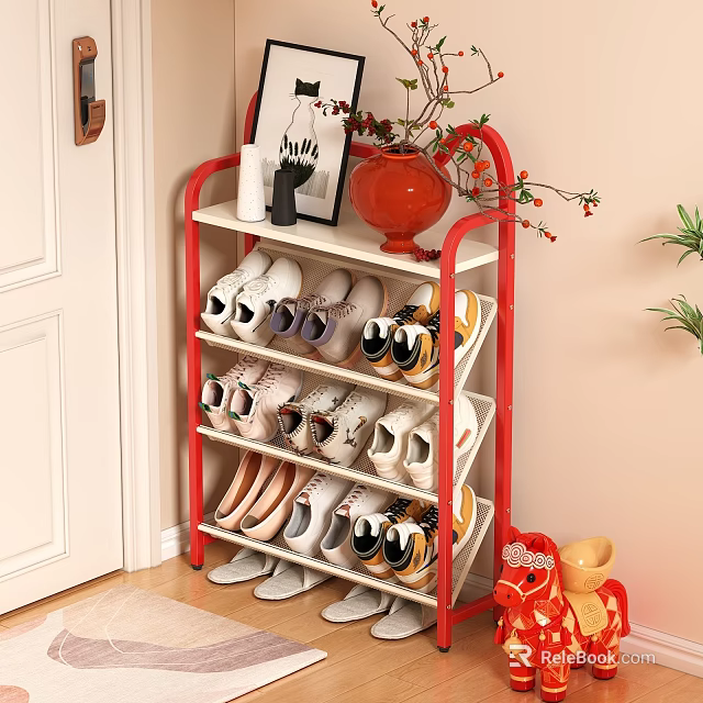 Red Multi Tier Shoe Rack With Shoes And Decorative Items In Entryway 3d model 