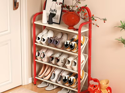 Red Multi Tier Shoe Rack With Shoes And Decorative Items In Entryway 3d model