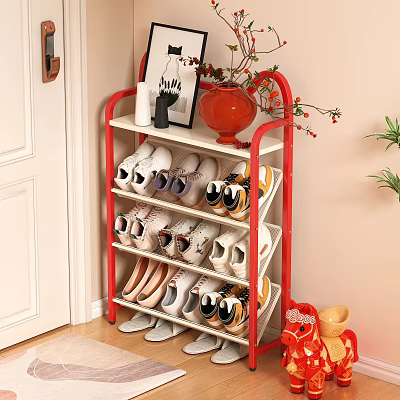 Red Multi Tier Shoe Rack With Shoes And Decorative Items In Entryway 3d model