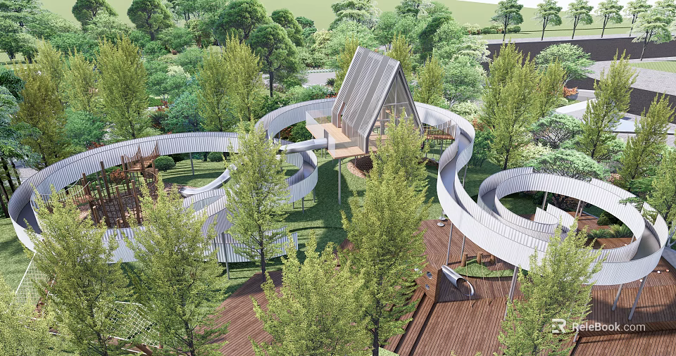 Tranquil Park Landscape Featuring Spiral Walkways Lush Trees And Modern Wooden Structure 3d model 