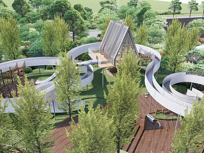 Tranquil Park Landscape Featuring Spiral Walkways Lush Trees And Modern Wooden Structure 3d model