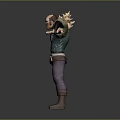 Warrior Character With Green Tunic Purple Pants Small Creature On Shoulder And Spiked Arm Weapon