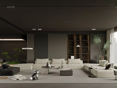 Modern Living Room Interior Featuring Beige Sofa Dark Wooden Shelves Green Plants And Hanging Lights 3d model