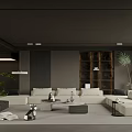 Modern Living Room Interior Featuring Beige Sofa Dark Wooden Shelves Green Plants And Hanging Lights