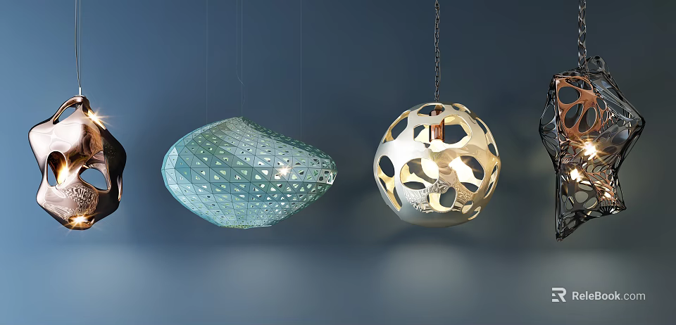 Unique Shaped Pendant Lights with Blue Geometric and White Spherical Hollow Out Designs 3d model 