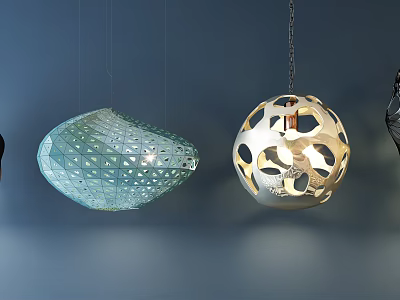 Unique Shaped Pendant Lights with Blue Geometric and White Spherical Hollow Out Designs 3d model