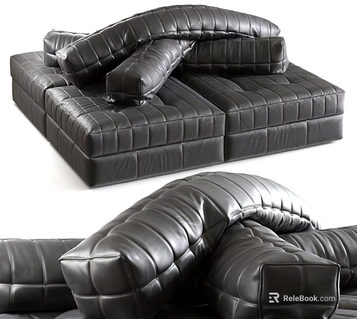 Modern Black Leather Modular Sectional Sofa With Stitched Design And Comfortable Seats 3d model 