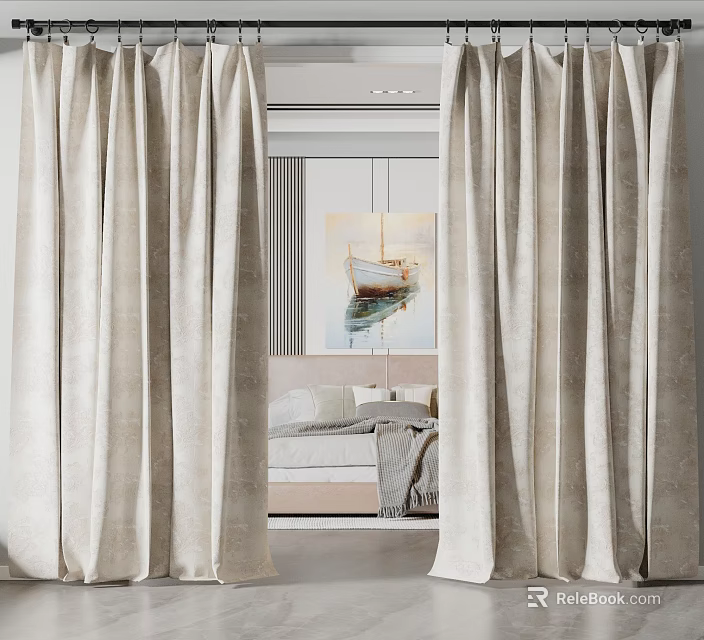 Beige Curtains Soft Fabric Modern Bedroom with Wall Art Boat Reflection and Elegant Design 3d model 