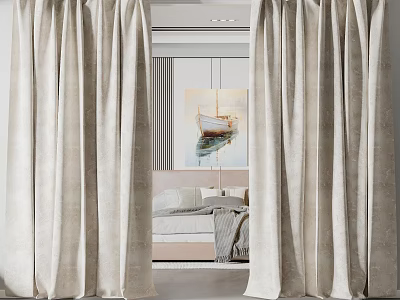 Beige Curtains Soft Fabric Modern Bedroom with Wall Art Boat Reflection and Elegant Design 3d model