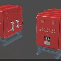 Red Industrial Control Panels with Metal Stands Control Buttons Instrument Gauges and Pipeline Connections