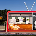 Commercial Outdoor Setup With Red TV Shaped Booth Drinks Sunshade And Seating Area