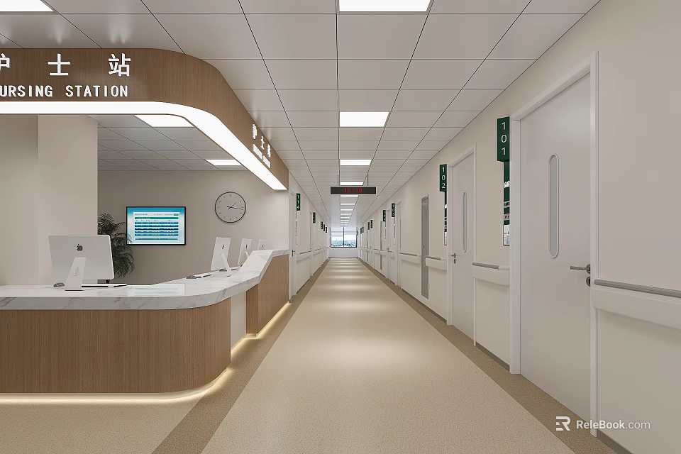 Hospital Outpatient Clinic With Modern Corridor And Nurse Station Layout 3d model 