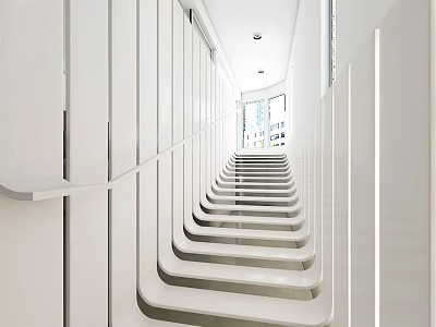 Modern White Staircase Interior Design With Continuous Steps And Sleek Handrail 3d model