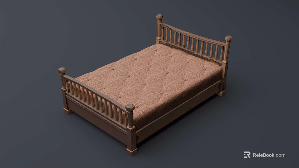 Wooden Frame Double Bed With Carved Railings And Brown Padded Mattress 3d model 