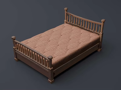 Wooden Frame Double Bed With Carved Railings And Brown Padded Mattress 3d model