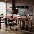 Modern Dining Room Interior With Wooden Table Chairs Kitchen Cabinets And Natural Light