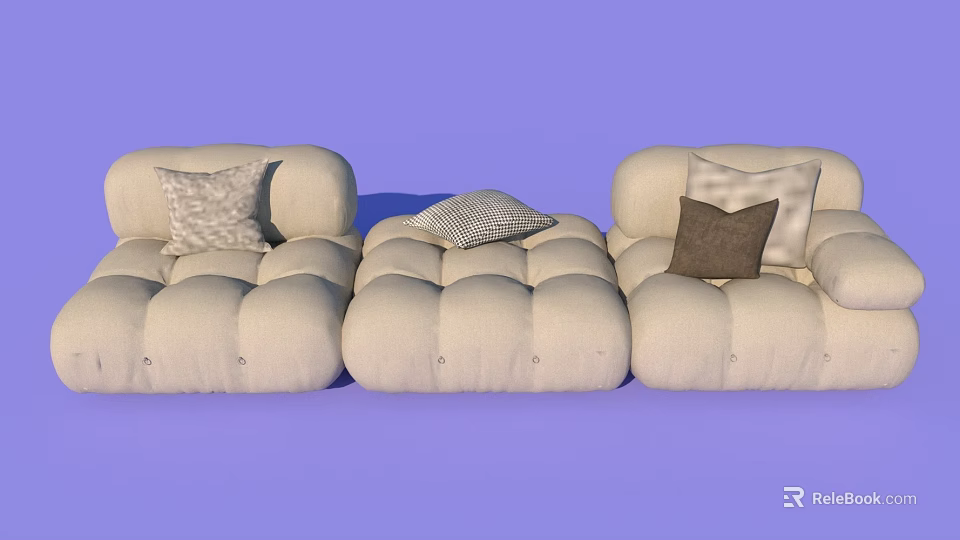Beige Three Seater Sofa with Tufted Cushions and Decorative Pillows on Purple Background 3d model 