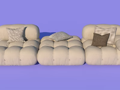 Beige Three Seater Sofa with Tufted Cushions and Decorative Pillows on Purple Background 3d model