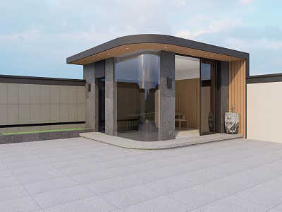 Modern Porch Design With Curved Roof Glass Doors Wooden Accents And Stone Wall 3d model