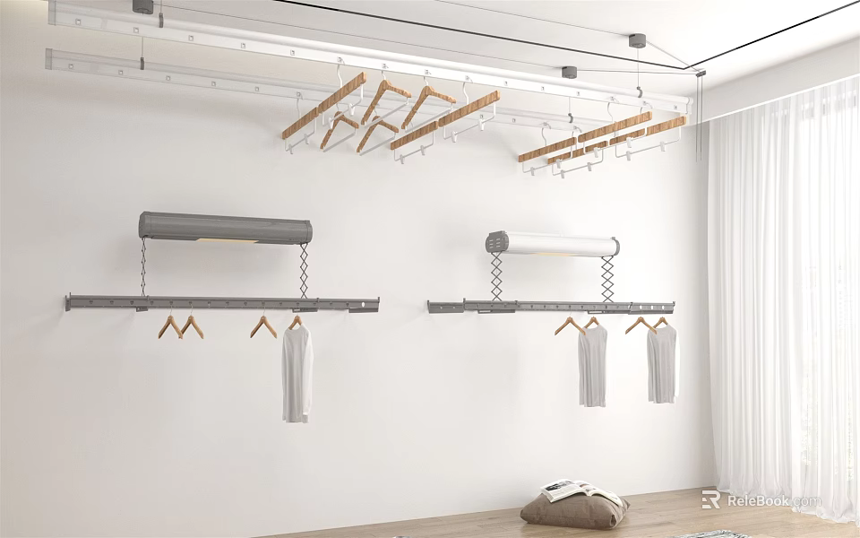 Modern Interior Wall Mounted Clothes Hangers With Hanging Garments And Metal Wooden Rods 3d model 