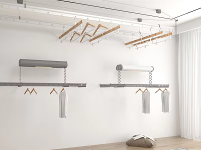 Modern Interior Wall Mounted Clothes Hangers With Hanging Garments And Metal Wooden Rods 3d model