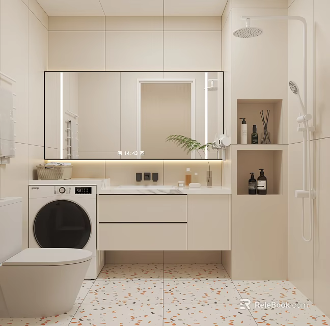 Modern Bathroom Interior With Vanity Large Mirror Washing Machine And Shower 3d model 