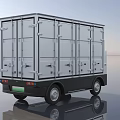 White Utility Vehicle Featuring Modern Box Body Front Logo Black Wheels On Smooth Reflective Surface