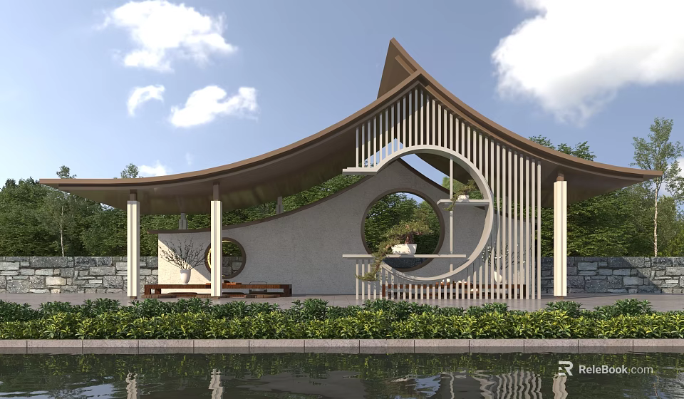 Modern Pavilion With Curved Roof Wooden Lattice And Circular Window By Waterfront Greenery 3d model 